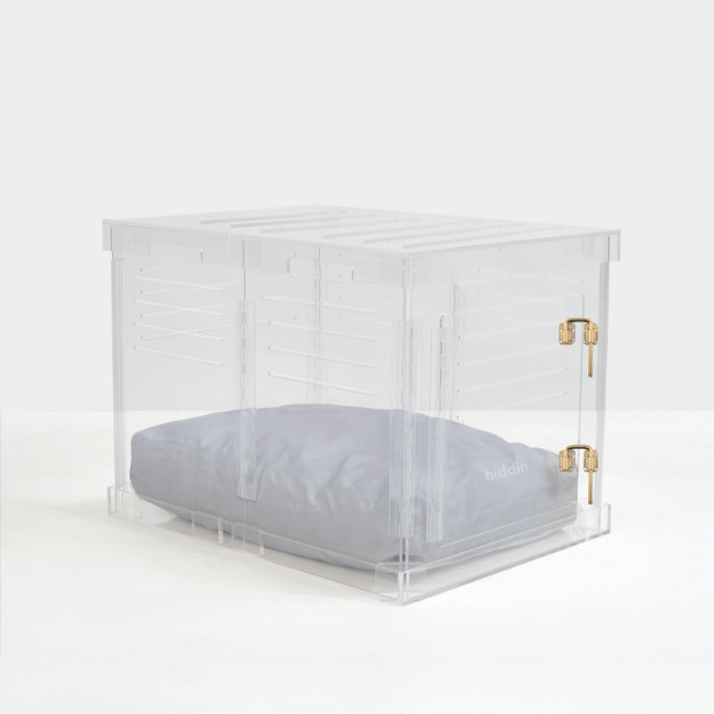 Medium Clear View Pet Crate with Silver Latch, Khaki Cushion, Charcoal, Gold, 22"H x 20"W x 30"D