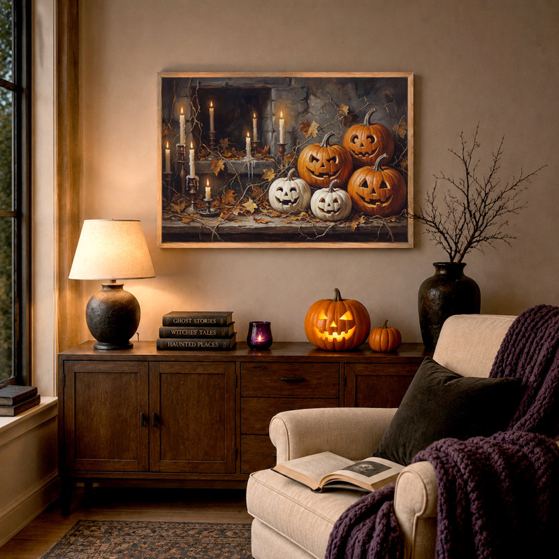 Art mural sur toile sculpté citrouilles orange et blanches avec bougies, H 32 po x l 48 po