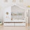 Lit double en bois pleine grandeur, blanc, avec tiroirs et tablette, un espace de jeu confortable pour le lit blanc et 2 espaces de rangement créant un environnement amusant