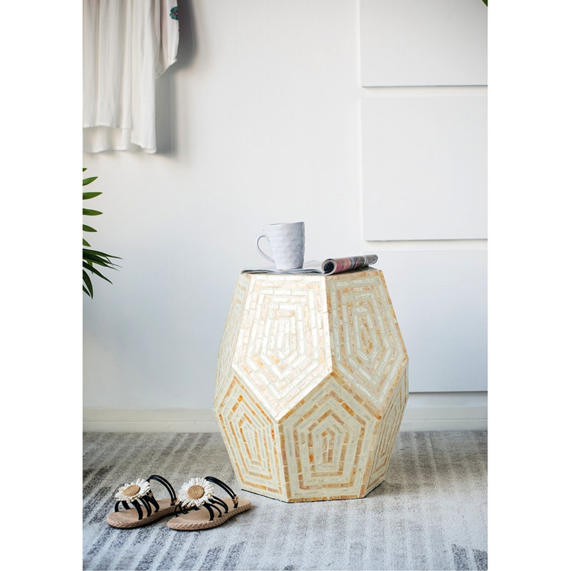Hexagonal Capes Stool Of 18X18x21 Inches, Cream And Yellow Tones, Inlay Details, Diamond Forms, Employed As Or Side Table With Shades, Highlights, Acting A