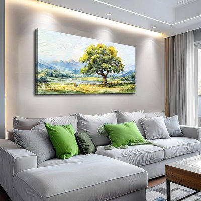 Toile, art mural pour le salon, décoration murale pour le bureau de la chambre à coucher, décoration murale, arbre vert, paysage, peinture, photos de ferme, œuvre d'art, esthétique de la pièce, 20 x 40 po