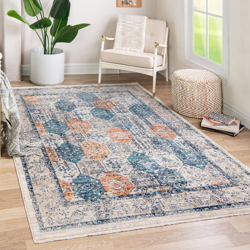 Tapis géométrique rouge rouille / bleu indigo / jaune safran / beige Akira, Rectangle 6 pi x 9 pi 2 po
