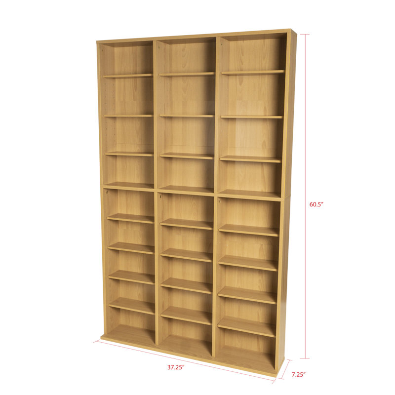 Étagère multimédia, 6 tablettes fixes, 18 tablettes réglables, base large pour la stabilité en érable, Tanné