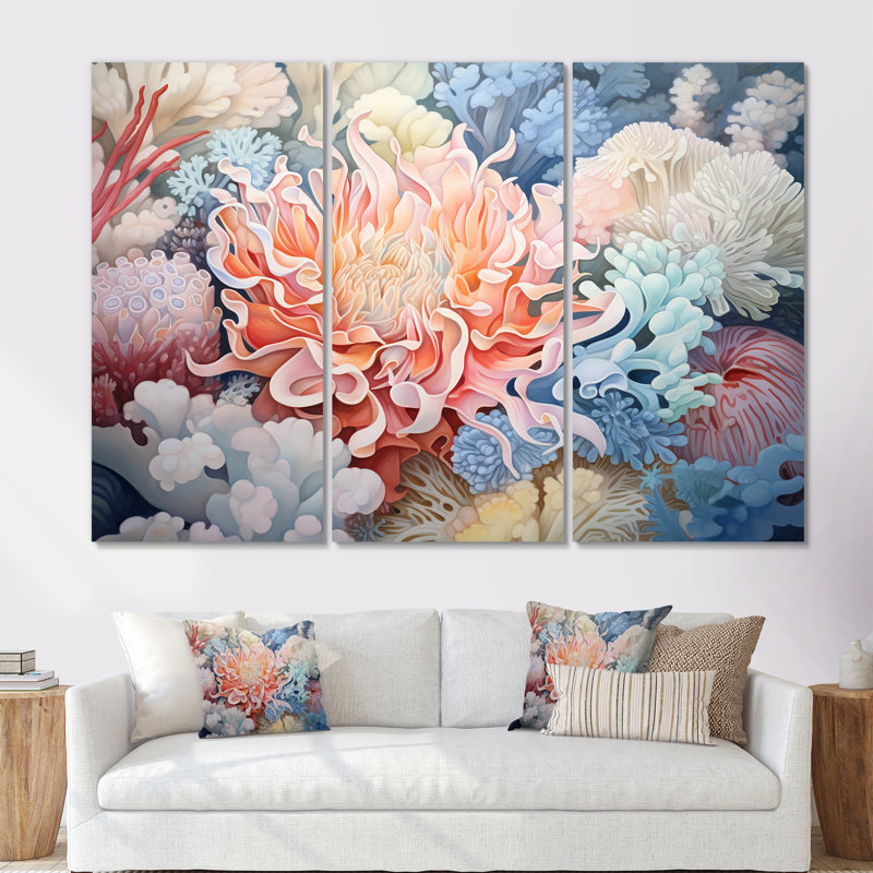 Ensemble d'art sous-marin, anémone rose - corail sous l'eau, Toile tendue, H 28 po x l 36 po x P 1 po
