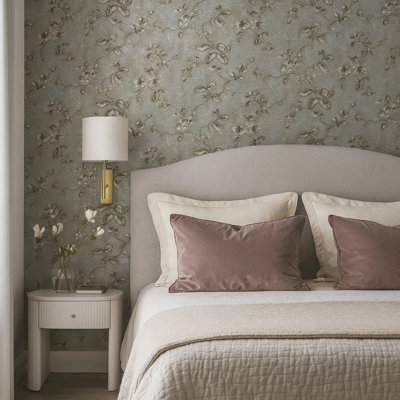 Papier peint avec branches de fleurs texturées, taupe grise et bronze