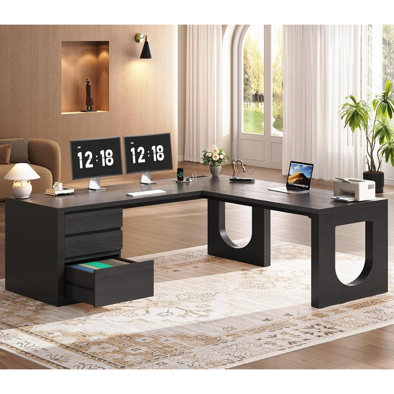 Bureau en L 63 po à 3 tiroirs, bureau de direction moderne avec tiroir classeur, Noir