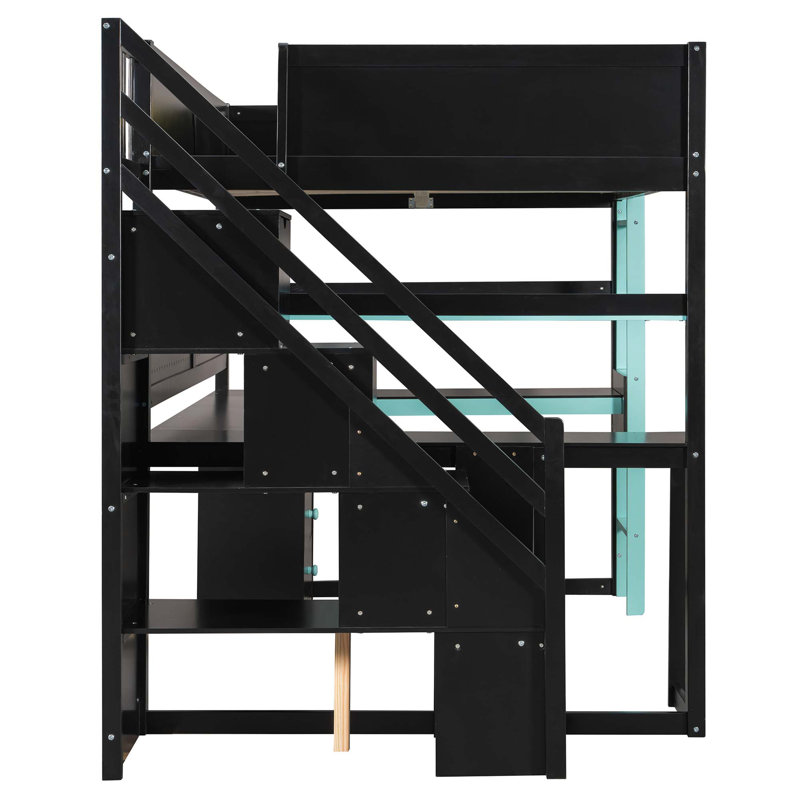 Lit mezzanine en bois avec escalier de rangement intégré et bureau, Noir; Bleu