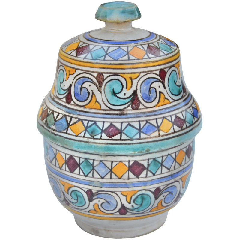 Bol à couvercle marocain en céramique orange et turquoise du milieu du 20e siècle