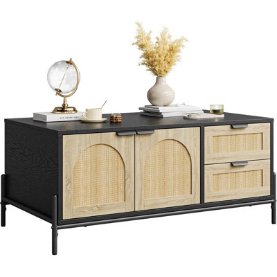 Mid Century Modern Coffee Table With 4 Drawers And Open Storage Shelf