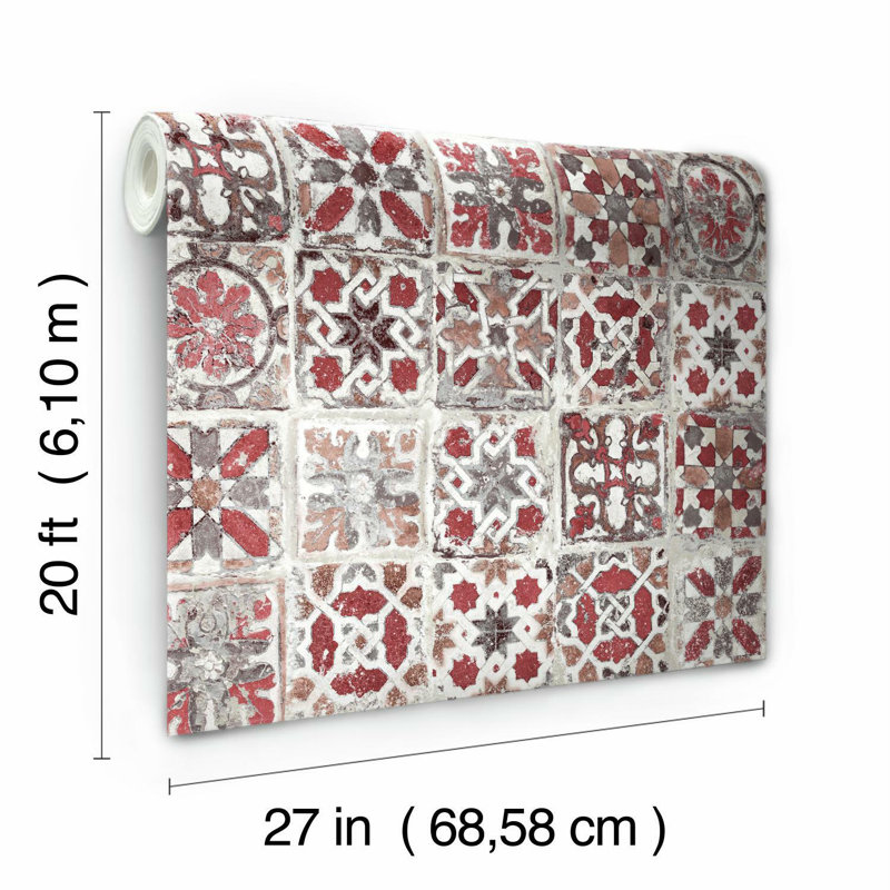 Rouleau de papier peint adhésif L 20 pi x l 27 po Encaustic Tile, Rouge