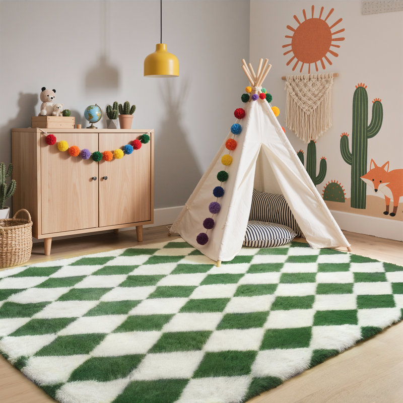 Modern Green/White Machine-Washable Checkered Shag Area Rug, Rectangle 6' x 9', Green