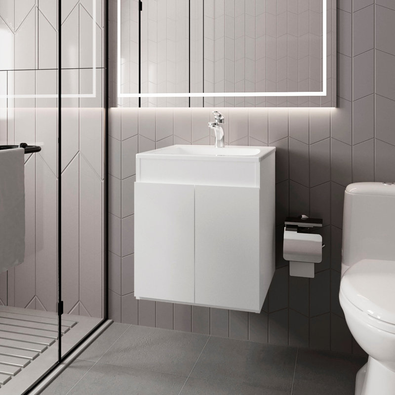 Meuble-lavabo de salle de bain au fini blanc, style deux portes, reflet naturel, centre de table moderne, l 17,7 po de largeur, 18,3 po de profondeur, panneau de particules blanc, construction, apparence,