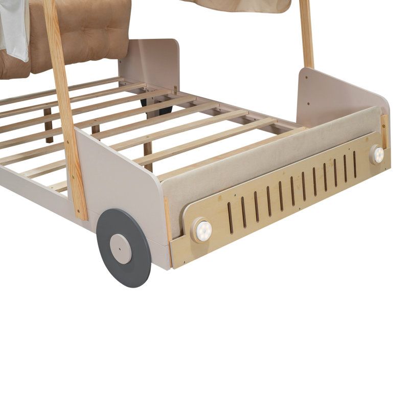 Lit voiture double en bois avec coussin, toile de plafond et DEL, naturel