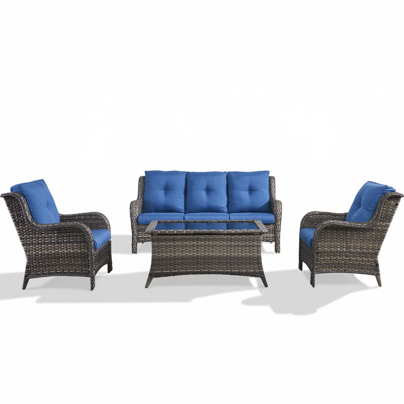 4-Piece Outdoor Couch Set, Includes Wicker Patio Sofa With Thickened Olefin Cushions, High Back And Deep Seating, Hand-Woven PE Rattan And 2 Armchairs, 1 Coffee Table For Porch,Deck