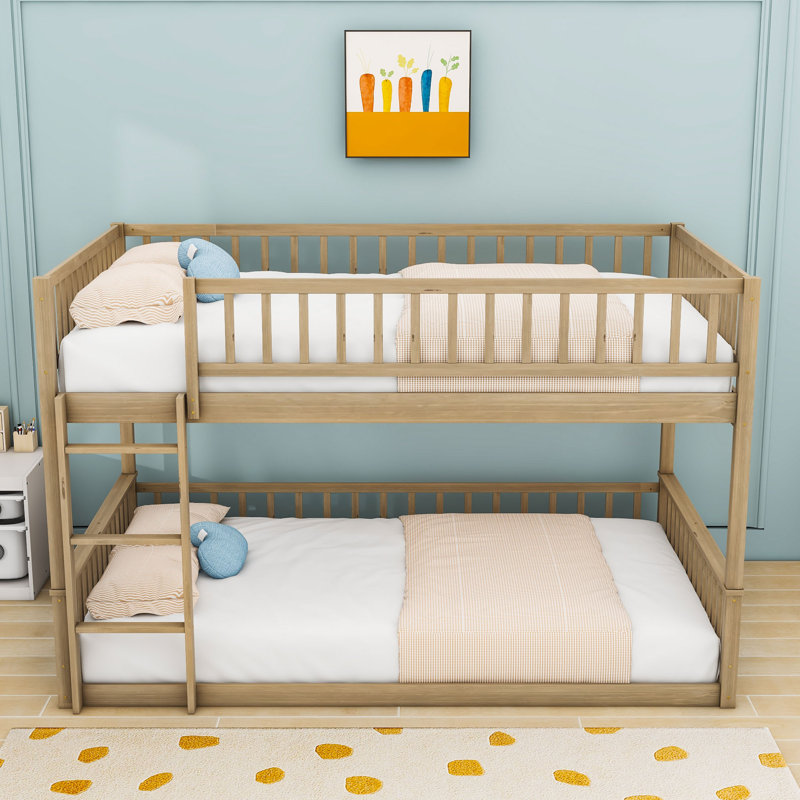 Wood Queen Over Queen Bunk Bed With Ladder And Guardrails, Splitable Into 2 Beds, Walnut