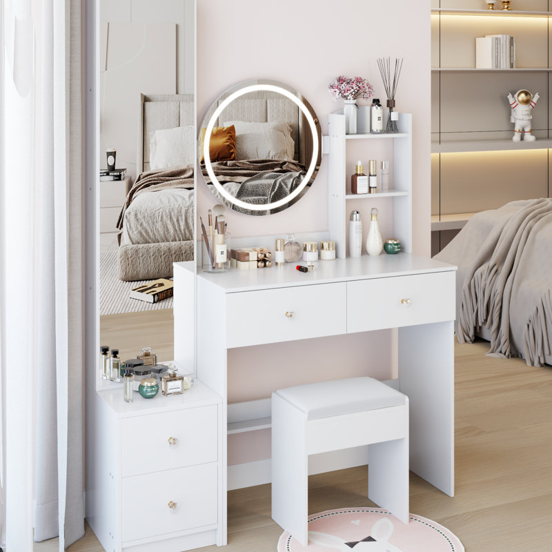 White American Design Dressing : 17" Diameter Touch - Sensitive 3 Color Led Mirror, Full Body Mirror Cabinet And Cushioned Stool With Large Sized Storage Cabinet, Vanity Table Adjustable Brightness