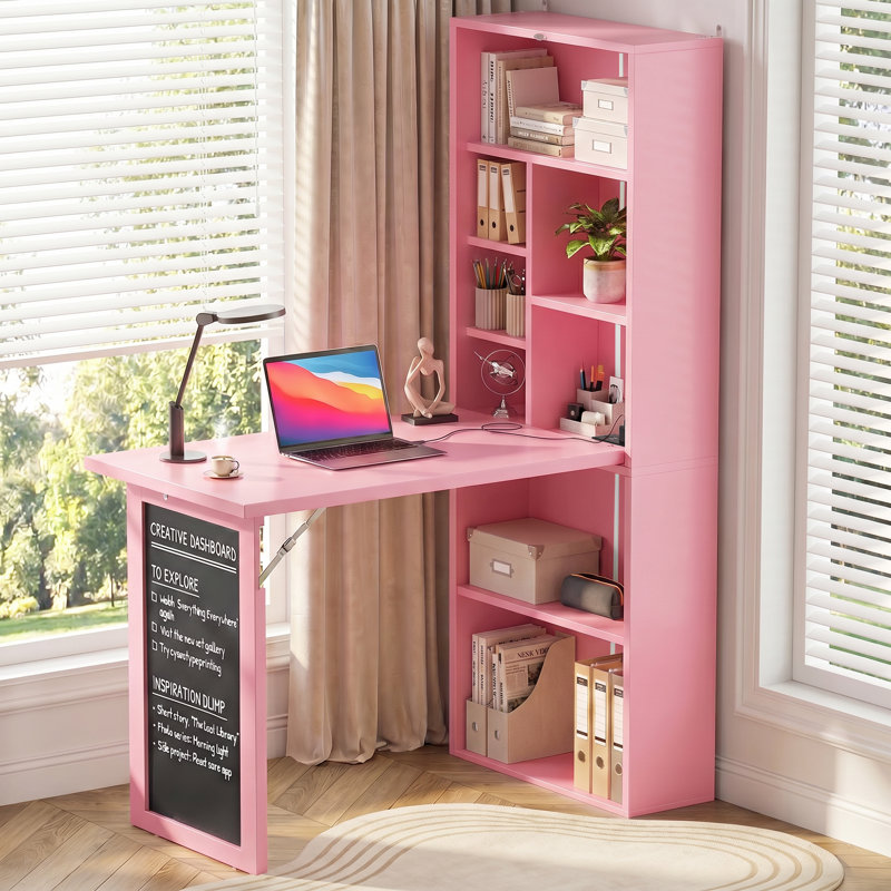 Bureau pliant avec prises, bureau d'écriture convertible pour petits espaces, Rose
