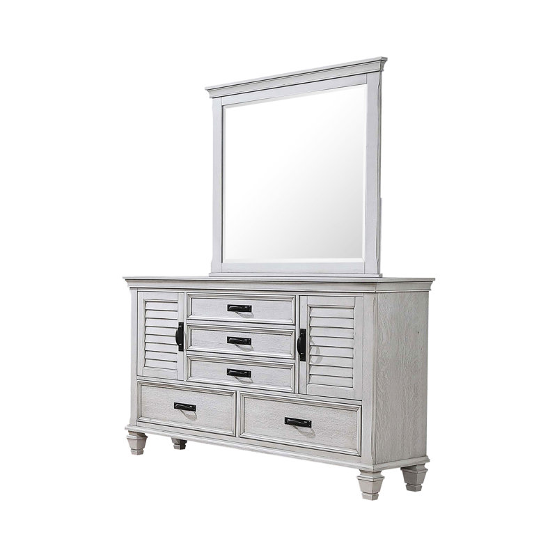 Commode de campagne 71,25 po avec miroir, blanc vieilli