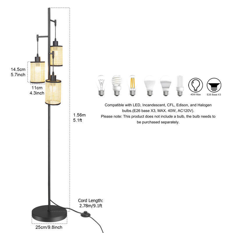 Lampe rustique sur pied à 3 lumières rustique pour salon et chambre à coucher