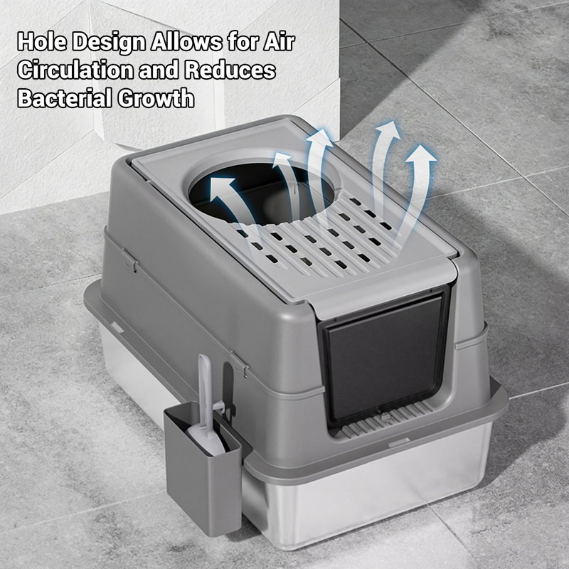 Bac à litière pour chat en acier inoxydable XL avec couvercle rabattable à 180 °, très grande boîte en métal pour grands chats de 60 L, 60 x 40 x 38,5 cm, bac à litière fermé haut, non collant, avec pelle à litière, noir profond