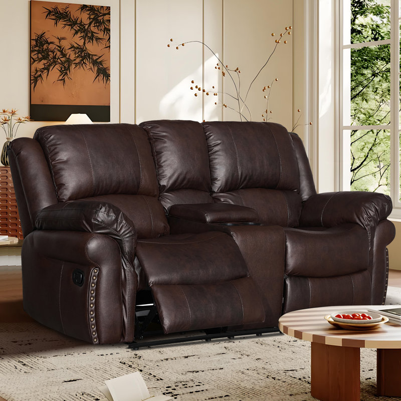  73.2" Manual Reclining Faux Leather Loveseat with Center Console and Cup Holders in Brown, Brown
