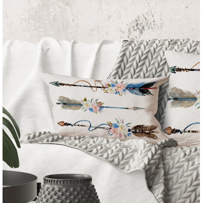 Rectangle,Ethnic Feathers And Flowers On Native Arrows I - Bohemian & Eclectic Printed Throw Pillow