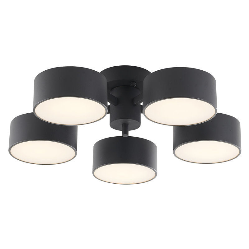 5-Light Black LED Semi Flush Mount With Black Shades And White Frosted Diffusers