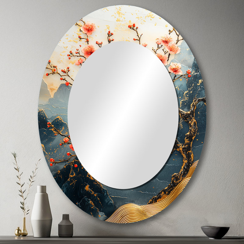Branches de fleurs de cerisier dorées - Grand miroir mural ovale sur métal, 43 po x 33 po