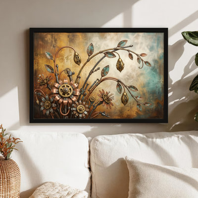 Art mural sur toile noir encadré pour le salon, la chambre à coucher, le bureau ou le vestibule - décoration murale décorative avec floral Steampunk