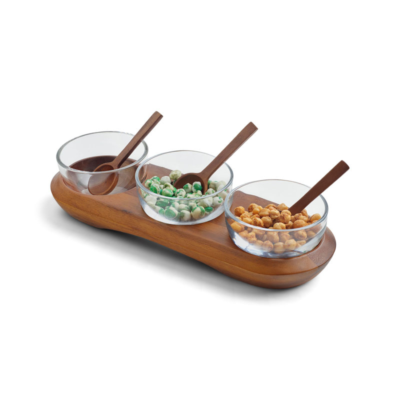 Acacia Wood and Glass Triple Condiment Server with Spoons