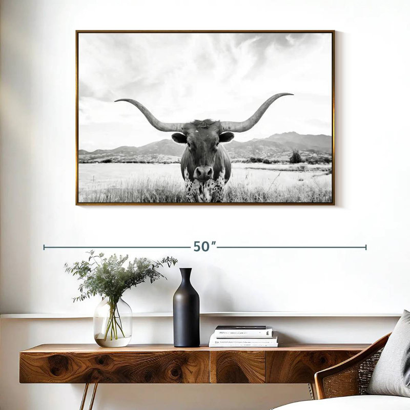 Longhorn Texas BW, Cadre flottant doré, 40 po x 27 po