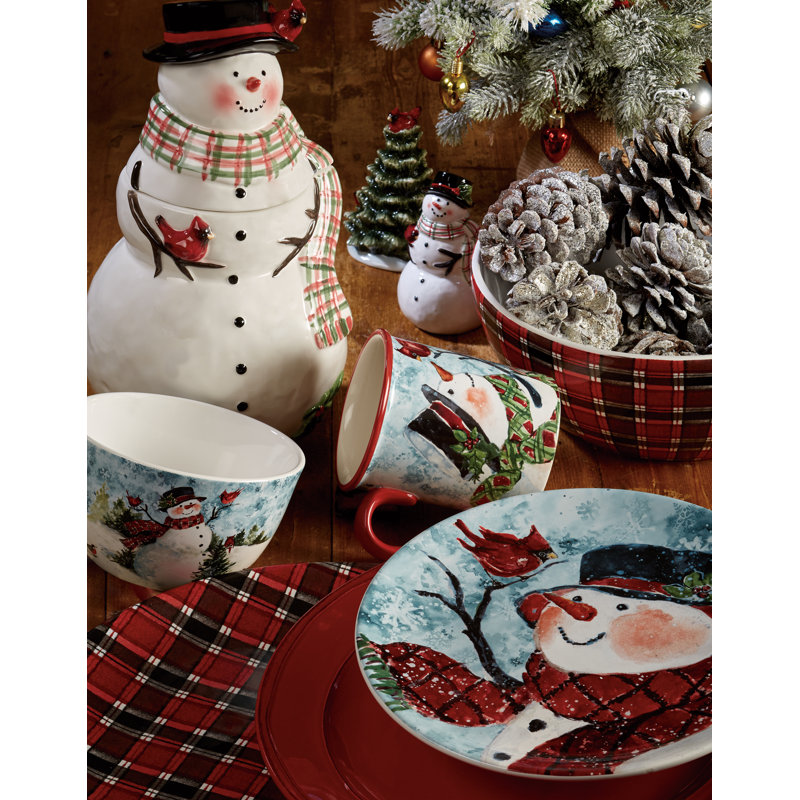 Festive Red Ceramic Snowman Winter Holiday Mug Set