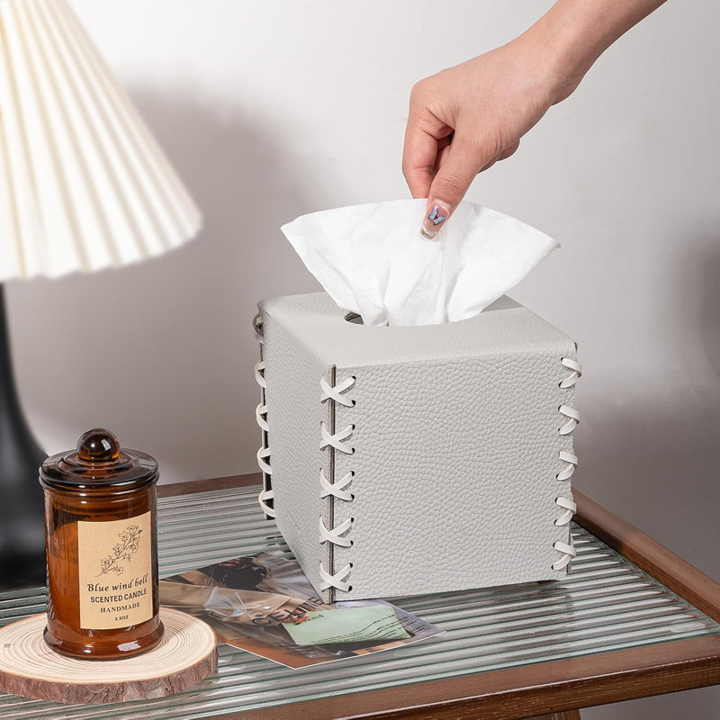 PU Leather Tissue Holder Square Decorative Home Decor Cube Boxes, Grey