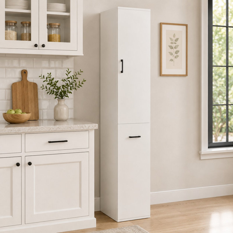 Armoire de rangement de cuisine haute, garde-manger blanc de 35 cm de profondeur avec étagères et porte ajustables