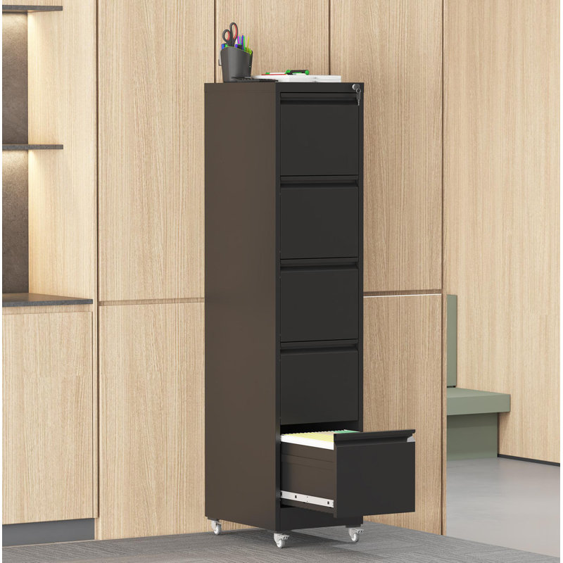5 Drawer Metal Vertical File Cabinet With Lock On Wheels For Home Office,Heavy Duty Metal Storage Cabinet For A4/Letter/Legal Size Files, 17.71"D*15.16"W*64.17"H