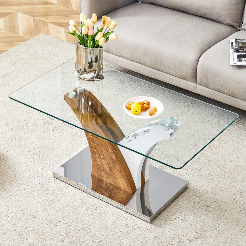 Table basse rectangulaire. Comptoir en verre trempé et pieds en panneau de fibres à densité moyenne artistiques, parfaits pour accueillir des dîners, des conférences, des décorations de maison et de bureau. Table de salle à manger blanche et en bois