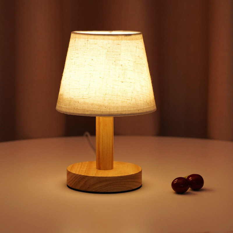 Lampe de table en bois massif et en tissu avec USB, petite lampe de chevet pour chambre, bureau ou dortoir, veilleuse DEL décorative