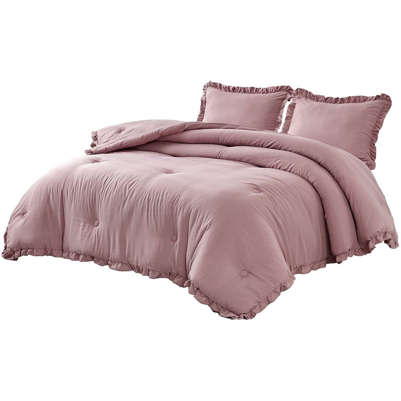 Nora Washed Microfiber Ruffled Comforter Set, White, Full Comforter + 2 Standard Shams