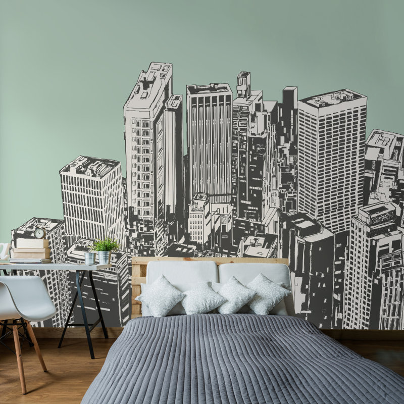 Urban City Skyscrapers - Wall Mural, Mint Green, 240cm L x 300cm W