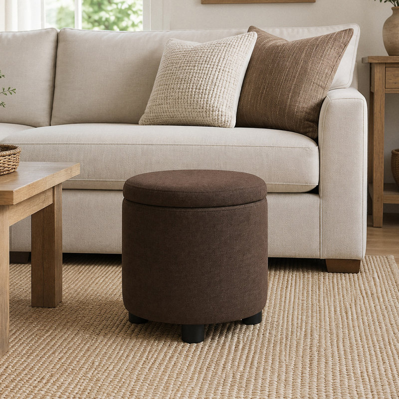 Repose-pieds de rangement rond en tissu avec couvercle réversible de 15,75 po de large Ahl Arsy, Tissu brun moyen