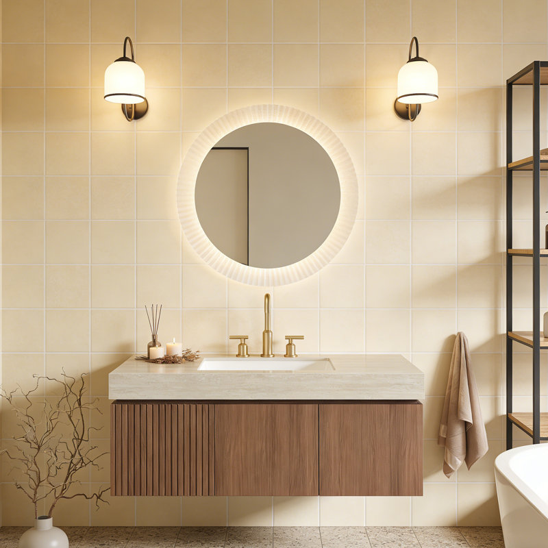 Meuble-lavabo flottant avec espace de rangement multifonctionnel et 3 trous de robinet pré-percés, Chêne brun