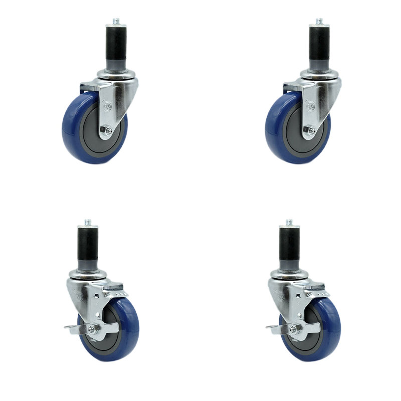 Ensemble de 4 roulettes extensibles en polyuréthane 4 pièces avec 2 freins, Bleu