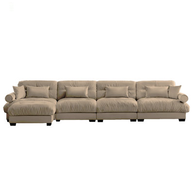 L Shaped Sectional Cloud Sofa , Convertible Deep 4 Seater Modular Couch For Living Room,Modern Velvet Comfy Upholstered Corner Couch  Waist Pillows, Throw Pillows And Blostered Armrests