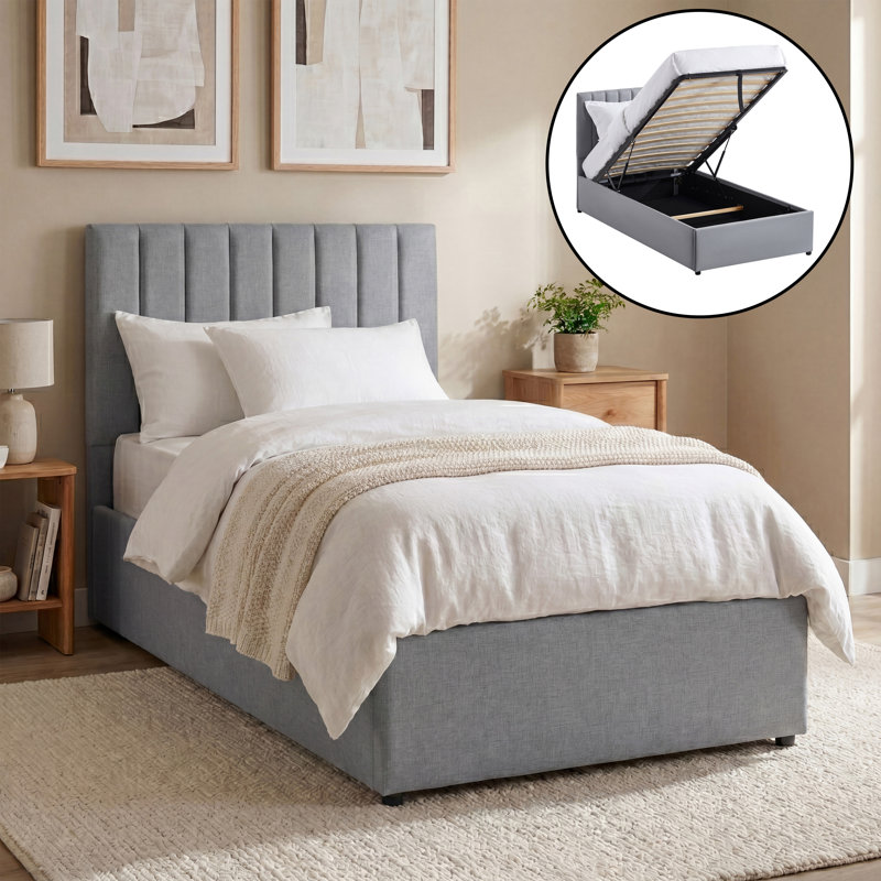 Fabric Ottoman Bed Frame With Hydraulic Lift-Up Storage, Slatted Base, Modern Design, Single (3'), Light Grey