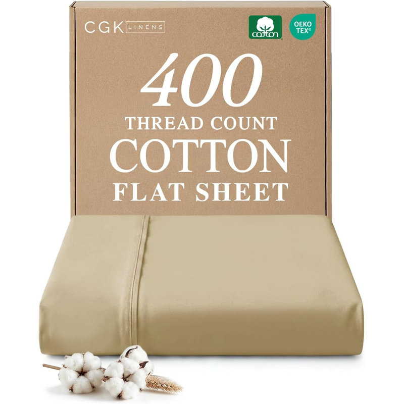 400 Thread Count Cotton Flat Sheet – Cooling, Breathable & Soft Top Sheet, Beige, Full