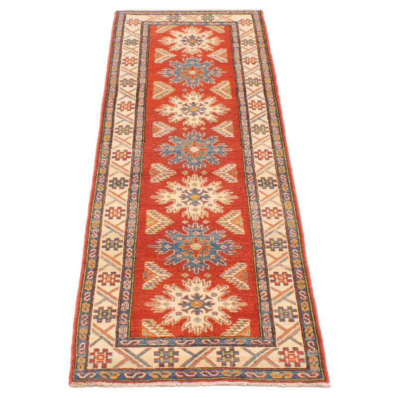 Tapis de couloir unique en laine noué à la main 2 pi 10 po x 9 pi 3 po nouvel âge Achintya crème / bleu foncé / orange clair