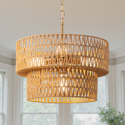 Lustre tambour en rotin tissé à la main à 4 lumières de 17,7 po