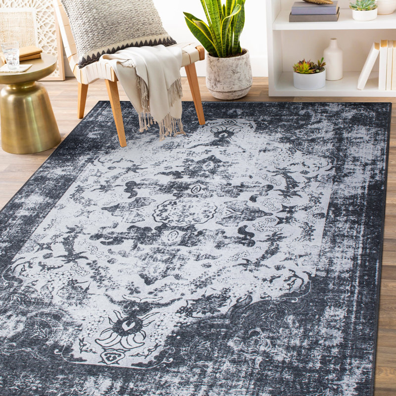 Devonie Oriental Flatweave Performance Black Machine Washable Area Rug, Rectangle 10' x 14'