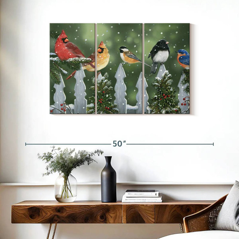 Oiseaux d'hiver Brampt sur une clôture enneigée, H 24 po x l 38 po