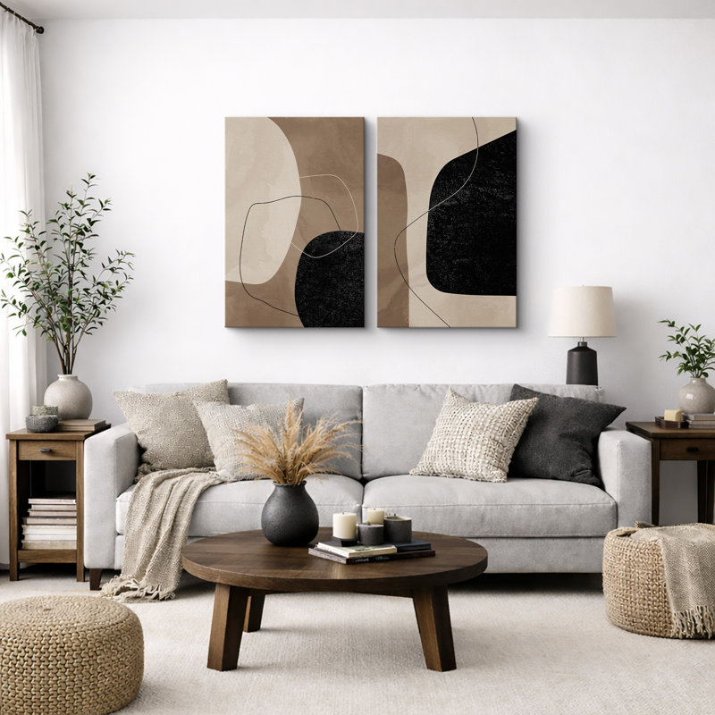 Mid Century Shape "Warm Brown & Faded Black Abstract Lines Artwork, Modern Minimalist Neutral Wall Pictures, Framed Canvas Giclée Print 2 Pieces Wall Art" 16x24x2 pcs, 24x36x2 pcs